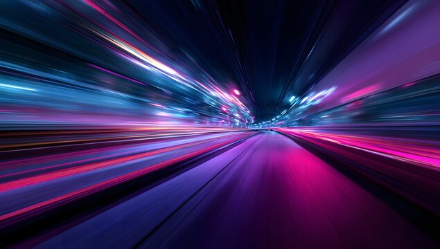 Abstract motion blur of vibrant neon lights streaking across a dark cityscape at high speed creating a futuristic visual experience