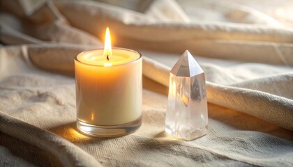 Set a calming mood with a candle and healing crystal, perfect for mindful meditation, spa aesthetics, or peaceful home decor projects and wellness designs.