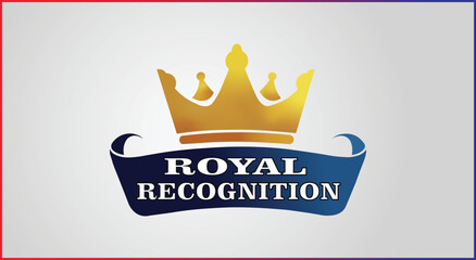 Golden crown emblem with blue ribbon and royal recognition text on gradient red background vector illustration