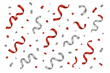 Falling red and silver confetti and streamers on transparent background