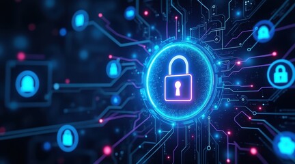 A digital illustration featuring a glowing padlock at the center, surrounded by circuits and icons, symbolizing cybersecurity and digital protection.