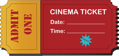 Vintage cinema ticket illustration in gold and red colors with admit one text and classic retro movie design