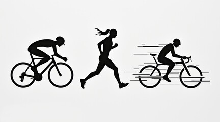 Obraz premium Three dynamic silhouettes depict biking and running, illustrating movement and athleticism in a minimalist style.