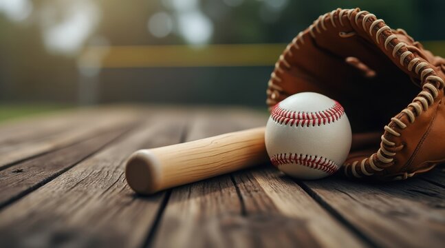 A baseball bat and ball resting on a wooden surface beside a baseball glove, set in a natural outdoor environment.