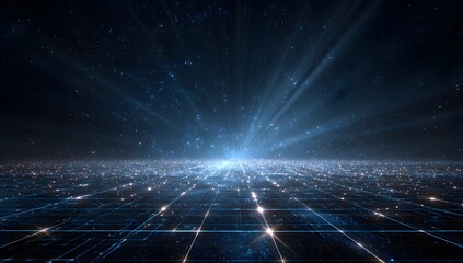 Vast digital cityscape illuminated by a brilliant celestial light emanating from the horizon in a futuristic abstract representation of data flow and connectivity
