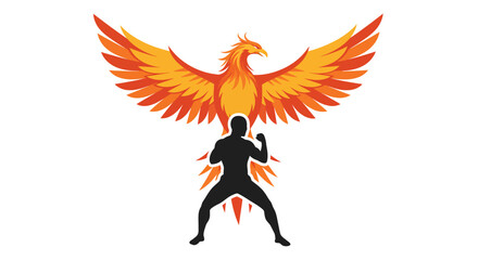 Powerful silhouette warrior embraces fiery phoenix wings symbolizing rebirth strength and transformation ascending triumph isolated on white background