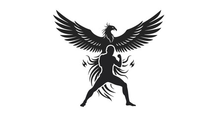 Powerful phoenix rises behind determined fighter symbolizing rebirth resilience and strength silhouette warrior rising above challenges isolated on white background