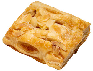 Almond pastry Isolate on white background with clipping path. Flaky golden puff pastry topped with sliced almonds and sugar crystals, delicious sweet bakery dessert.PNG File.