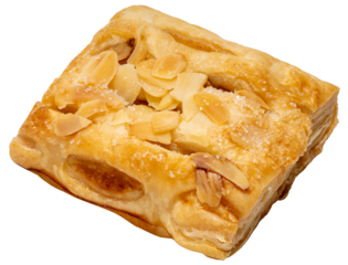 Almond pastry Isolate on white background with clipping path. Flaky golden puff pastry topped with sliced almonds and sugar crystals, delicious sweet bakery dessert.PNG File.