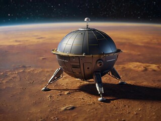 Spherical space lander on the rocky, red surface of an alien planet