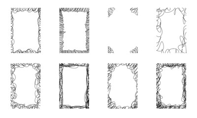 Abstract scribble frame set with doodle borders, sketch lines and chaotic strokes. Minimal hand drawn frame collection in black and white vector style for poster, card, invitation and graphic design