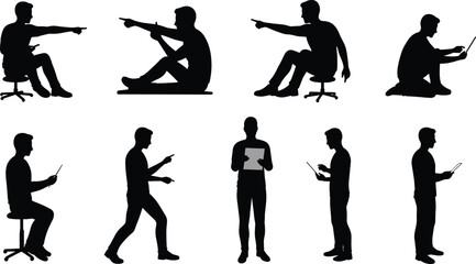 Flat vector, tablet laptop silhouettes, digital device poses, sitting standing kneeling, isolated black figures, modern technology gestures, posture reference, workplace design, stock illustration