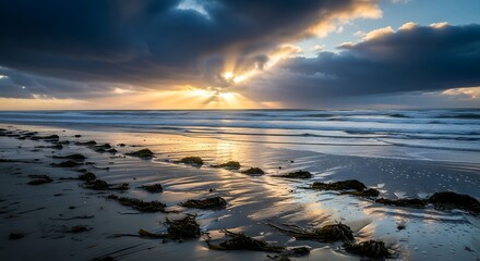 Obraz premium Golden sunbeams burst through dramatic clouds over a serene ocean, reflecting on the wet sandy shore with seaweed.