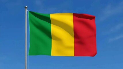 Mali national flag waving against blue sky