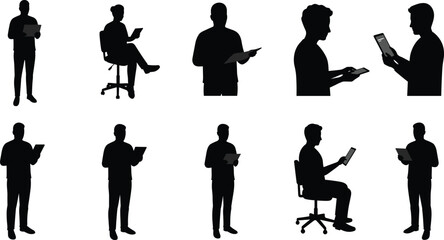 Flat vector, tablet user silhouettes, digital device poses, workplace collaboration figures, isolated black shapes, modern technology gestures, posture reference, business design, stock illustration