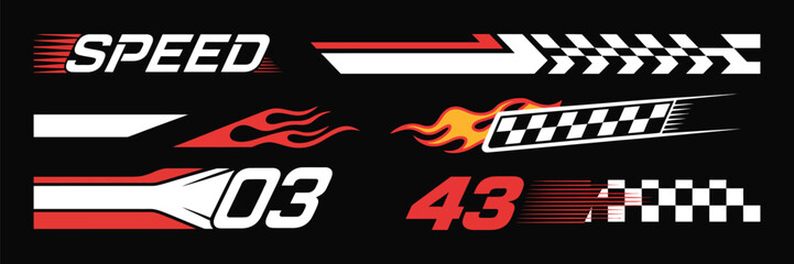 Racing Cars and Stripes Vector Set,  Checkered flags, motocross labels, dynamic speed lines, motorsport decals, sport stripes, tuning stickers, and high-performance race car design elements for automo