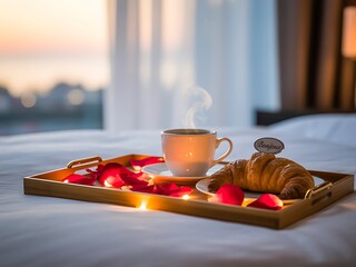 Romantic breakfast in bed featuring a golden croissant steaming coffee and scattered rose petals with soft ambient lighting
