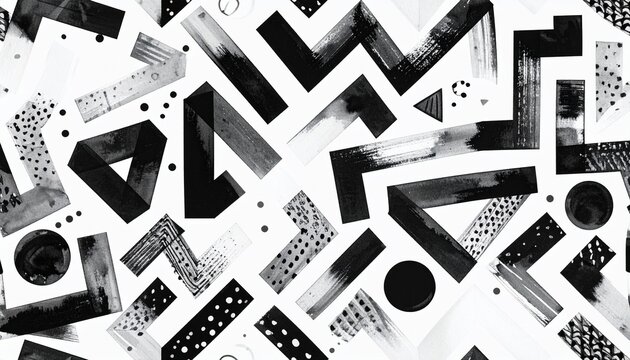 Abstract black brushstroke symbols and shapes scattered on white background, expressive and bold.
