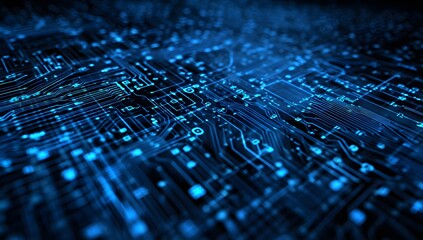 Intricate blue circuit board with glowing lights representing data flow and digital connections in a futuristic network