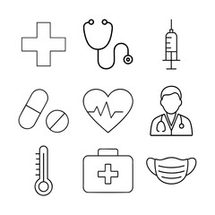 A modern minimalistic set of linear medical icons designed with clean, consistent strokes.