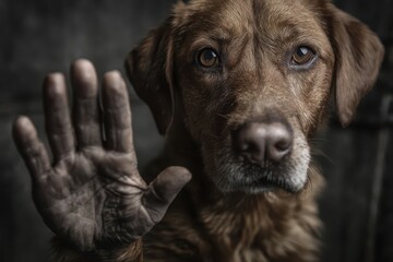 Hand raised to stop animal abuse featuring a realistic portrayal of a dog advocating for animal rights in an emotional appeal