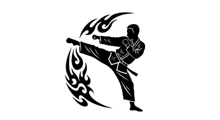 Dynamic martial arts silhouette dynamic karate fighter performing a powerful side kick with fiery abstract embellishments isolated on white background