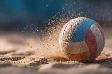 Volleyball bounces on sandy beach as dust rises under bright sunlight during an exciting match in the summer