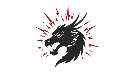 Fierce black dragon head silhouette with red energy burst symbolizing power and mythology isolated on white background