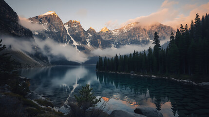 A stunning view of a mountain lake with clear turquoise water reflecting the snow-capped mountains in the distance.