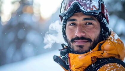 Close up portrait of a man with frosty face and beard wearing ski goggles and orange jacket exhaling steam in a snowy forest during winter extreme cold weather conditions