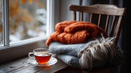 Cozy winter afternoon with warm tea and soft sweaters by the window in a rustic setting