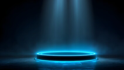 Futuristic glowing blue podium with ethereal light beams illuminating a dark atmospheric stage setting for presentations or product displays