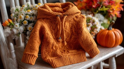 Cozy orange knit hoodie for a pet displayed on a rustic chair with autumn flowers and pumpkin