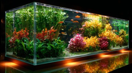 Colorful aquarium with various aquatic plants and fish illuminated in a dark room