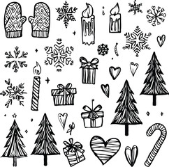 Clean black and white vector doodle collection of Christmas icons like trees, gifts, candy canes, mugs, snowflakes, stars, and holly leaves,   on white background.eps