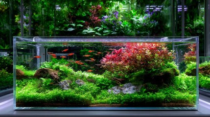 Aquarium with vibrant plants and colorful fish in an elegantly designed aquatic landscape