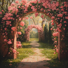"Pink Flower Pathway, Dreamy Flower Pathway in Spring, Beautiful Pink Flower Garden Walk, Springtime Pink Flower Walkway, Floral Archway Leading into a Garden, Beautiful Garden Path with Pink Blooms, 