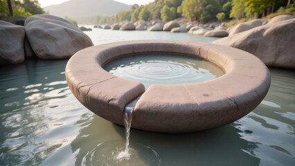 Stone circular water feature flowing in a river, outdoor