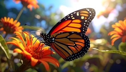 Fototapeta premium A Monarch butterfly rests on a vibrant orange flower in a sunny garden