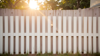 Fototapeta premium Sunlight streams through a white picket fence on a bright summer day