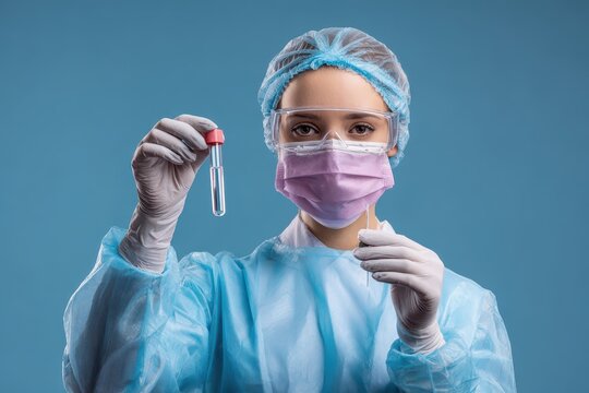 Medical doctor laborant conducts testing with a tube for Ncov while wearing protective gear in a clinical setting