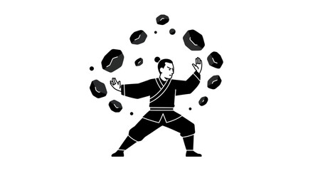 Martial arts master skillfully juggles coffee beans demonstrating zen focus and energy amidst dynamic movement and cultural heritage isolated on white background