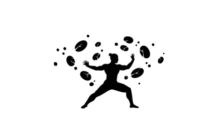 Silhouette of a person with arms outstretched surrounded by a swirling cloud of abstract organic shapes representing energy creation or manipulation isolated on white background