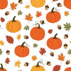 A charming seamless pattern featuring pumpkins acorns and colorful autumn leaves.