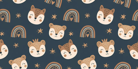 Seamless pattern with cute woodland animal faces. Boho background with foxes, bears, rainbows, and stars. Kids nursery decor illustration