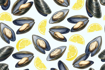 A watercolor illustrations of fresh mussels and lemon slices
