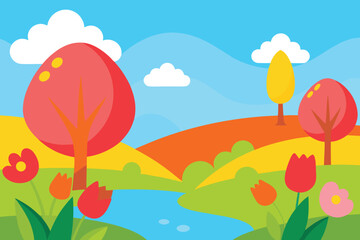 Vibrant cartoon landscape with rolling hills trees flowers and a stream