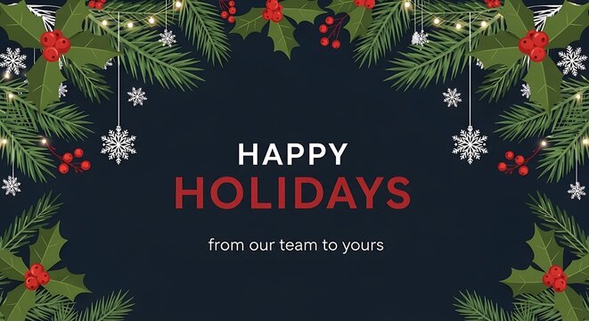 Festive christmas and new year greeting card with evergreen branches holly berries snowflakes and fairy lights wishing happy holidays from our team to yours