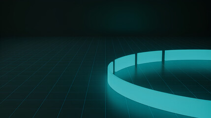 Teal arc ring neon circle glowing loop grid background futuristic minimal abstract 3D render cyber dark mood calm energy curves across digital grid with soft glow and clean geometry