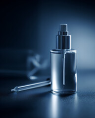 Steel blue glass bottle mist pump cosmetic serum dropper soft blur reflective surface minimal design sleek packaging skincare product clean background evokes calm elegance and freshness
